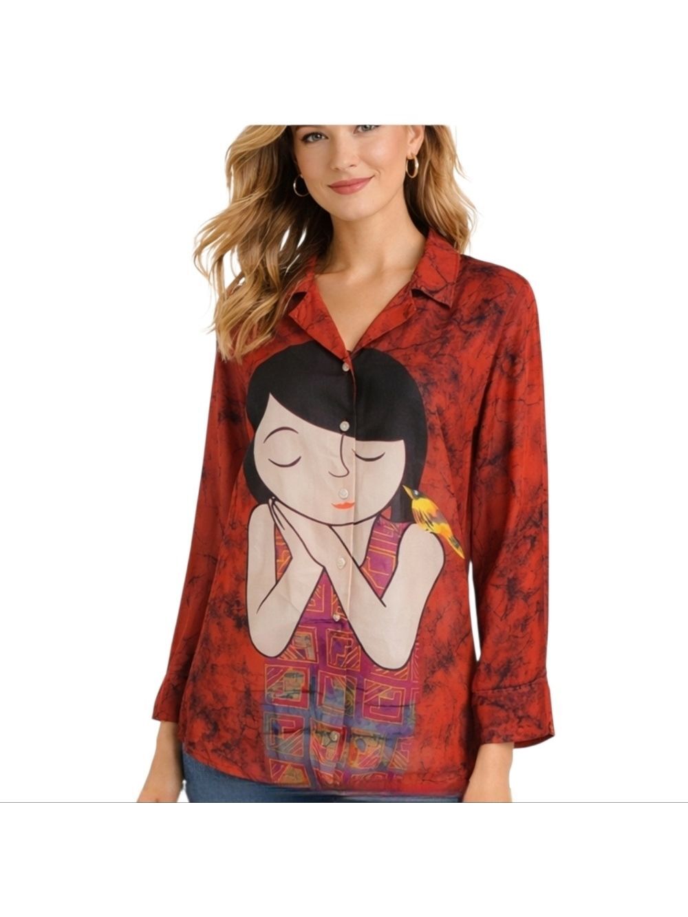 Chico’s Geisha Bird Red Silk Blouse – XL